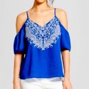 Xhilaration Royal Blue Cold Shoulder White Embroidered Blouse